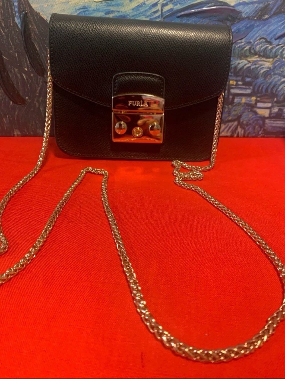 Furla Black Leather Crossbody with Gold Hardware and Chain